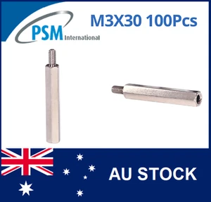 M3 X 30 PSM SPACER HEX MALE / FEMALE BRASS NICKEL PLATED SPA02BM330MM 100PCS - Picture 1 of 5