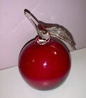 Vintage Art Glass Red Apple Clear Leaf & Stem Paperweight