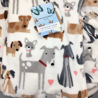Cynthia Rowley Love Dogs Throw Blanket Micro Fleece Pink Hearts Gray Tan 60"x70" - Image 1 of 4