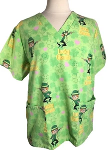 Lucky Charms Woman's Medium Green Scrub Top Nurse Shirt Pockets  D75 - Picture 1 of 9