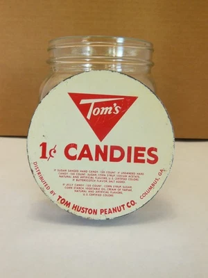 VTG DURAGLAS CLEAR 1/2 GALLON GLASS JAR TIN LID ADVERTISING TOM`s 1 CENT CANDIES - Image 1 of 4