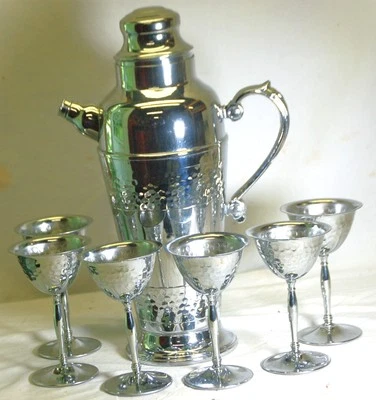Chrome Metal Wine Carafe Six Goblets Dimple Pattern - Image 1 of 4
