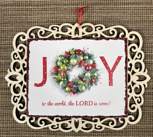 Adorno de tarjeta de felicitación de Navidad de papel hecho a mano con cinta y marco de madera decoración ALEGRÍA - Imagen 1 de 4