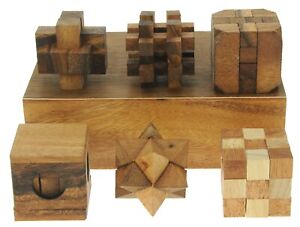 Puzzle Games (Set of 6) 3D Wooden Brain Teasers - Gift Box - Fun Adults & Kids