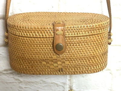 Rattan Straw Oval Handbag Leather Strap Straw Handbag - Image 1 of 4