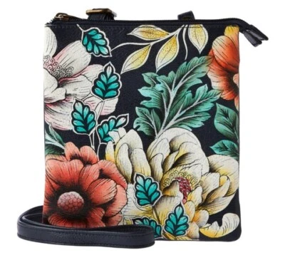 Bolsa tiracolo Anuschka de couro pintada à mão compartimento triplo - floral noturna - Imagem 1 de 4