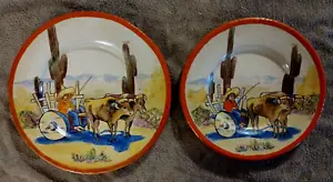 (2) Vtg Old Mexican Folk Art Hand Painted Clay Plates Mexico Oxen Cart Cactus - Picture 1 of 15