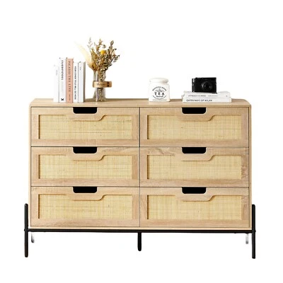 Rattan Dresser for Bedroom Chest of 6 Drawers Wood Storage Cabinet 55'' TV Stand - Image 1 of 4