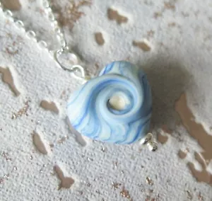 Sterling Silver & Sea Breeze Glass Lampwork Beach Wave Swirl Heart Pendant - Picture 1 of 2