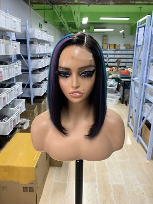 Peruca de cabelo humano Bob Black Highlight azul e roxo reta curta 2x6 frente de renda - Imagem 1 de 4