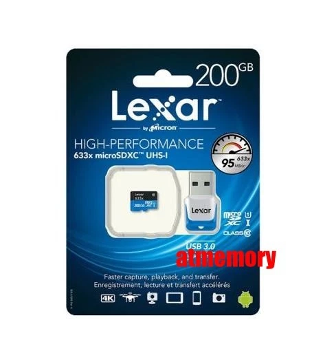 Lexar 200GB 200G 633x 95MB/s Micro SDXC MicroSD Class10 UHS-I Card Reader GoPro - Image 1 of 1