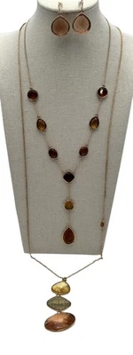 Juego de 2 pendientes collar de piedras múltiples tono dorado marrón ámbar vidrio citrino Foto 1 de 4