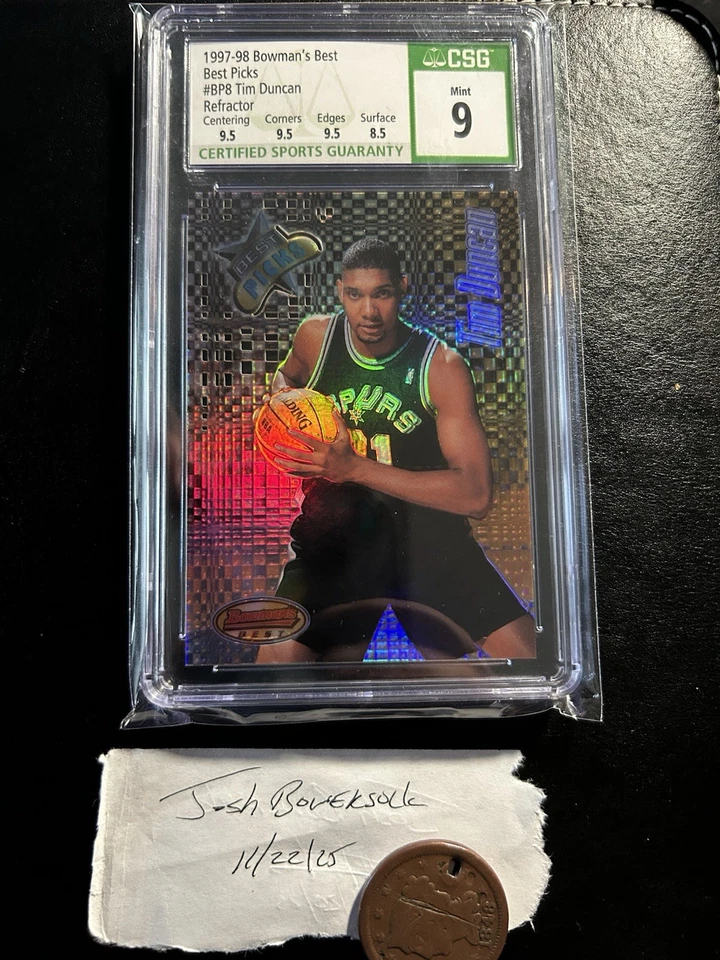 1997-98 Bowman’s Best Pick Tim Duncan CSG 9 Rookie REFRACTOR Spurs (3) 9.5 Subs - Image 1 of 1