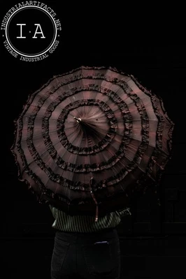 Early 20th Century Ruffled Maroon Silk Parasol - Image 1 of 4