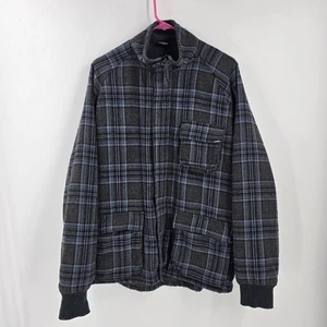 Kavu Wool Blend Shacket Jacket Men L Gray Blue Plaid Zip Snap Work Fleece Lined - Picture 1 of 6