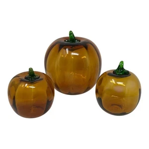 Vintage Blenko mundgeblasenes Glas Kürbis Set Bernstein Grün Stiel Herbst Deko Trio - Bild 1 von 12