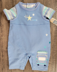 Baby Boy Vintage New Cherokee 3 Month Blue Car 2pc Overalls Outfit