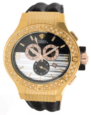 1ct Aqua Master Men's Chrono Black Dial Gold Case Diamond Bezel Watch W206 - Image 1 of 2