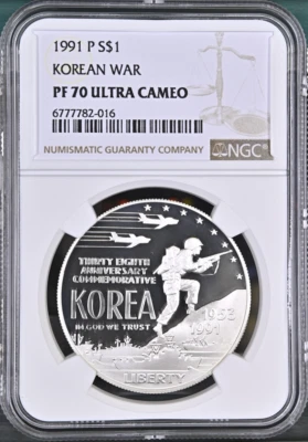 :1991-P S1$ Korean War Commemorative Silver Dollar NGC PF70UC Rarity R4 Top Pop - Image 1 of 2