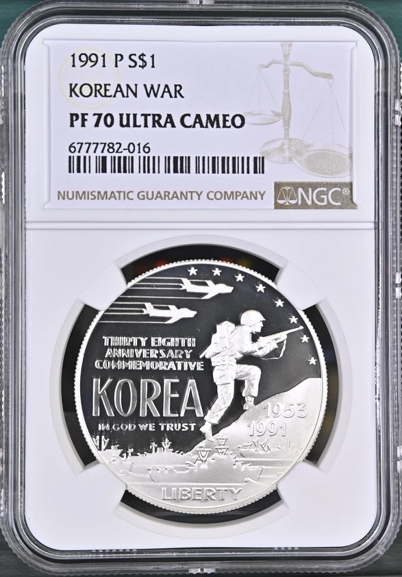 :1991-P S1$ Korean War Commemorative Silver Dollar NGC PF70UC Rarity R4 Top Pop - Image 1 of 2