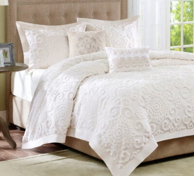 IVORY CHENILLE Full Queen COMFORTER SET : CREAM COTTAGE VINTAGE SCROLL - Image 1 of 4