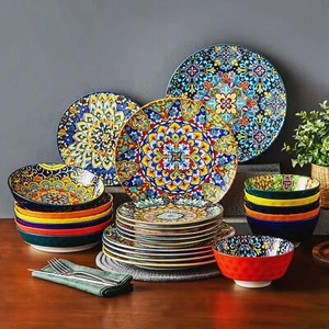 Kitchen Dinnerware Dinner Set 24Pcs Plates Dishes Bowls Tableware Bohemian Style - Picture 1 of 18