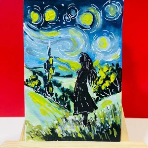 ACEO Girl Under Starry Sky Landscape Whimsical Night Scene Acrylic Painting NEW - Picture 1 of 8