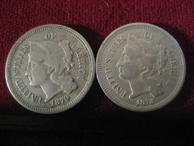 US Three Cent piece (2) coins  1870 and 1873 in fine condition - Image 1 of 4