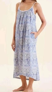 NWT Papinelle NAHLA CRYSTAL BLUE PAISLEY Light Cotton Maxi Nightgown L POCKETS - Picture 1 of 8