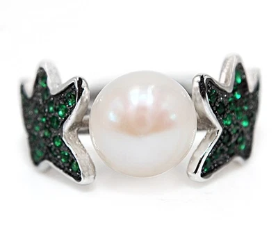 Star Fresh Water Pearl & Emerald 925 Solid Sterling Silver Ring Sz 6 MK6-4 - Image 1 of 3
