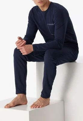 langer Männer Pyjama Schlafanzug SCHIESSER Rundhals-Ausschnitt dunkelblau Tasche - Bild 1 von 4