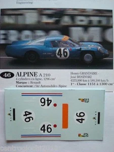 1/43 DECALS CAR ALPINE A210 LE MANS 1967 n. 46 DRIVERS GRANDSIRE-ROSINSKI - Picture 1 of 1