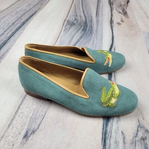 Stubbs & Wootton Shoes Womens 6 Teal Loafers Flats Gator Alligator Embroidered - Picture 1 of 7