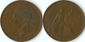 United Kingdom 1947 1 One Penny KM#845 Bronze King George VI Britannia Seated - Picture 1 of 3