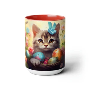 15oz Two-Tone Coffee Mug Spring Flowers Cat Kitty Painted Egg Celebrating Easter - Picture 1 of 26