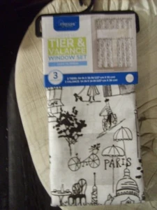 INTERIORS~SIGHTS OF PARIS~3 PIECE TIER & VALANCE CURTAIN SET~NEW~ROD POCKET - Picture 1 of 3