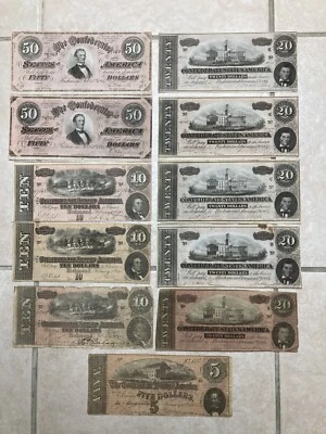 Confederate $50, $20, $10, and $5 Bills Currency Dollars Lot of 11 - Image 1 of 2