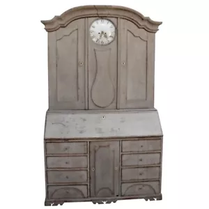 Swedish Painted Oak and Pine Clock Two-Part Desk Cupboard - Picture 1 of 21