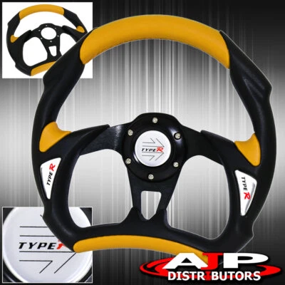 320mm 6 Bolt Hole Yellow Black Pvc Steering Wheel Typer Horn Button Foto 1 de 4