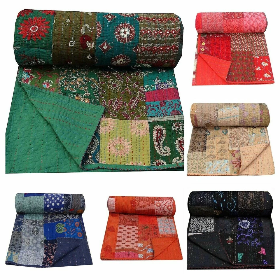 Indio Handmade Viejo Patola Seda Parche Kantha Colcha Kantha Manta Colcha Doble - Imagen 1 de 1