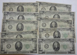 LOT x 10 Series 1934-A $20 Federal Reserve Notes FINE or Better - Picture 1 of 4