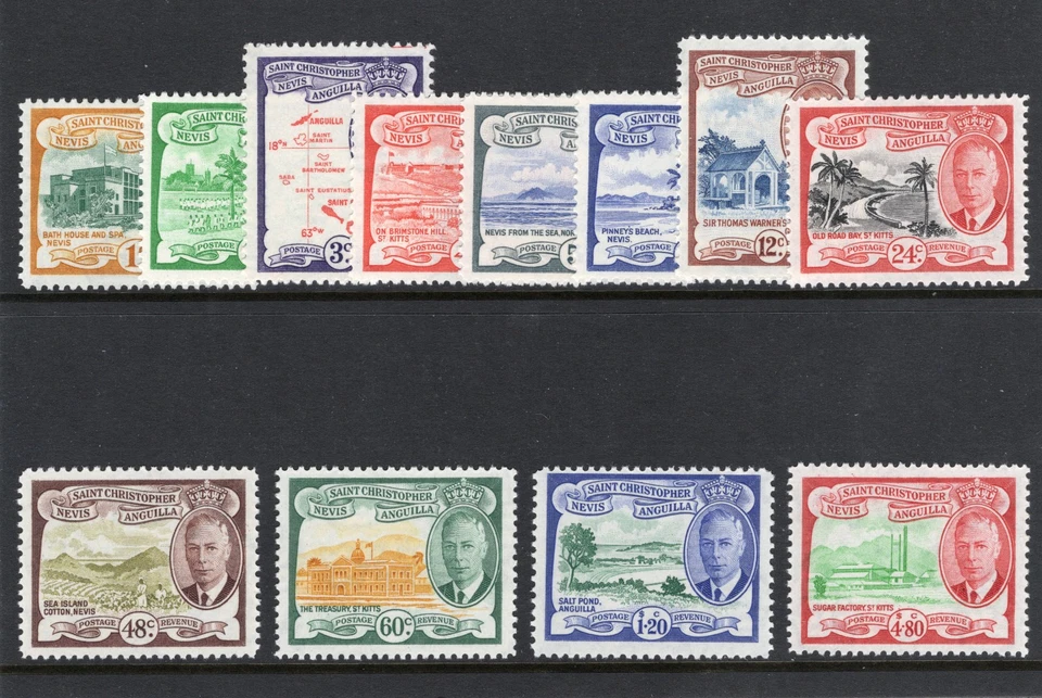 St Kitts-Nevis 1952 KGVI set completo excelente MNH. SG 94-105. Sc 107-118. Foto 1 de 1