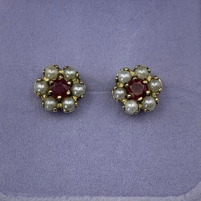  Antique 9ct yw gold split pearl +ruby cluster earrings (9mm ) 2.8g) (ACA3.6)  - Image 1 of 4