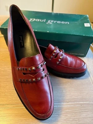 Mocasines PAUL GREEN Sofía Borgoña Rojo Roca Suela Tachonada Cuero 10 EE. UU. Foto 1 de 4