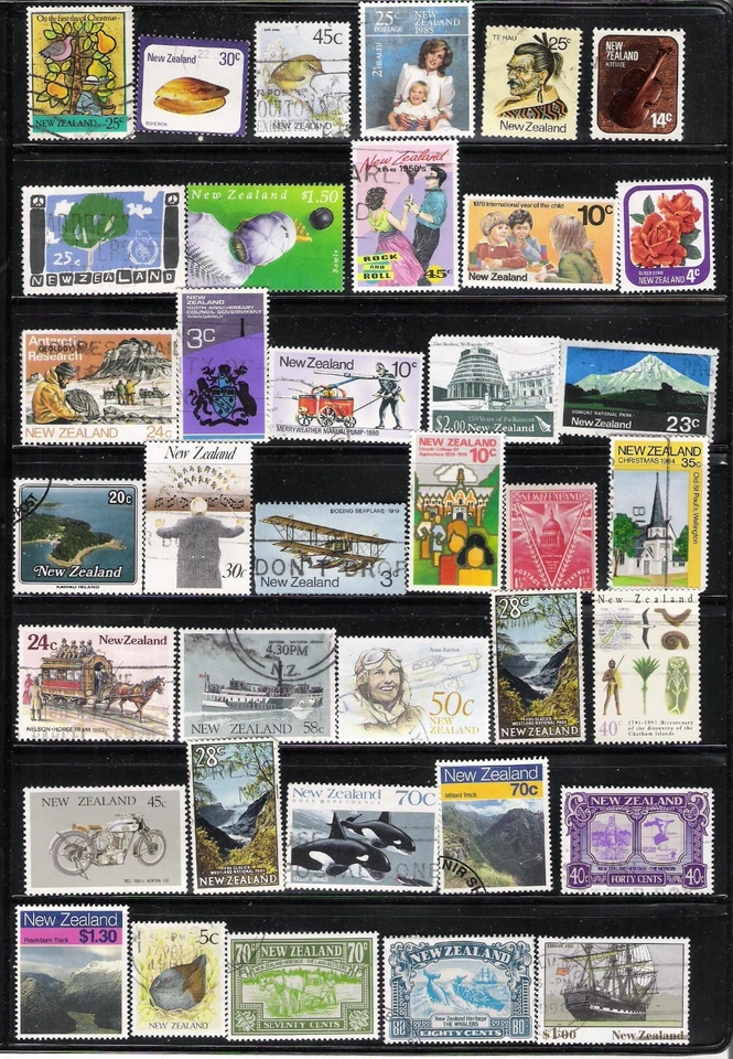 New Zealand 1972 - 1990, Scott's #500 - #988, 117 Stamps, 3 Pages, Cat$45+ - Image 1 of 3