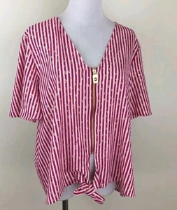 MK Michael Kors Red White Gold Striped Print Short Sleeve Tie Front Top XL NWOT - Picture 1 of 9