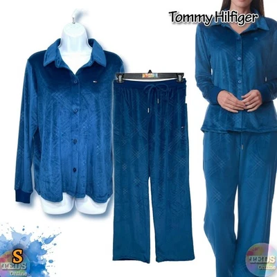NWT Tommy Hilfiger Women Size S 2-Pc. Long-Sleeve Pj Set Debossed Plaid Blue $84 - Image 1 of 4