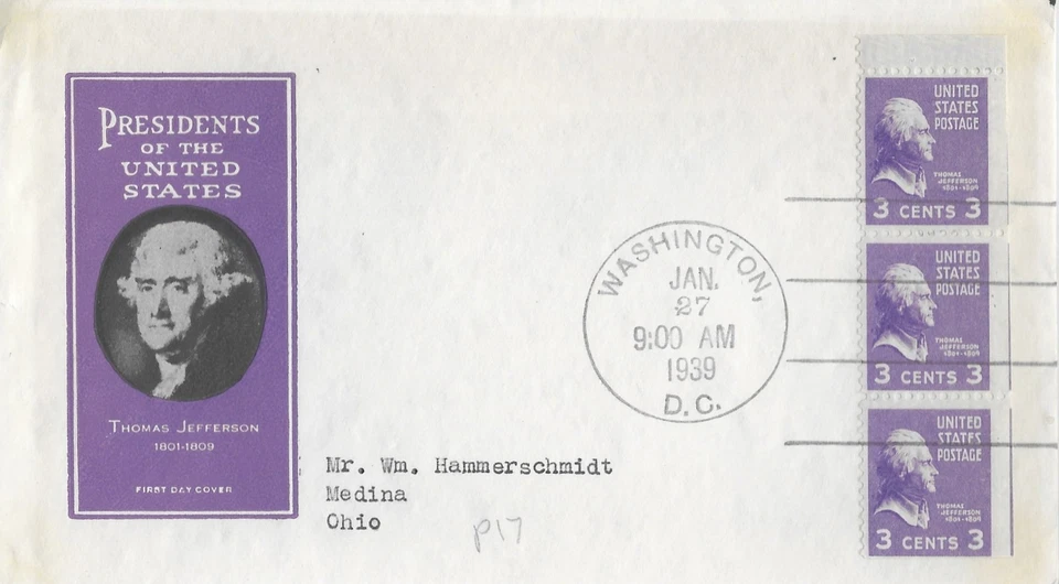 1939 Prexie FDC, #807a, 3c Thomas Jefferson, Ioor - 1/2 of booklet pane - Image 1 of 1