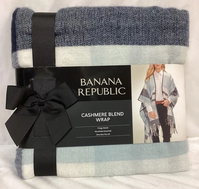 Banana Republic Cashmere Blend Unisex Blanket Wrap Skyler Plaid Blue W/ Fringe - Image 1 of 4