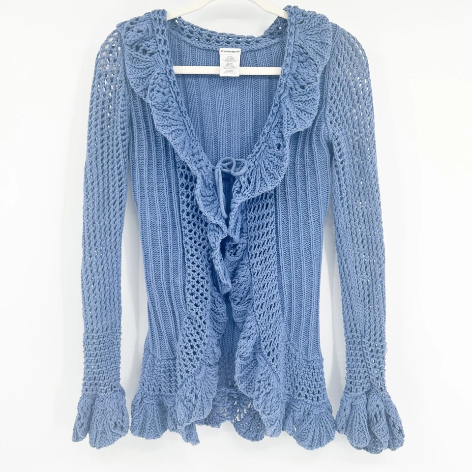No Boundaries Y2K Grunge Crochet Open Knit Ruffle Tie Front Cardigan Sweater S - Image 1 of 4